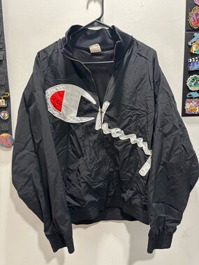 Champion Black Windbreaker with White & Red Logo Applique